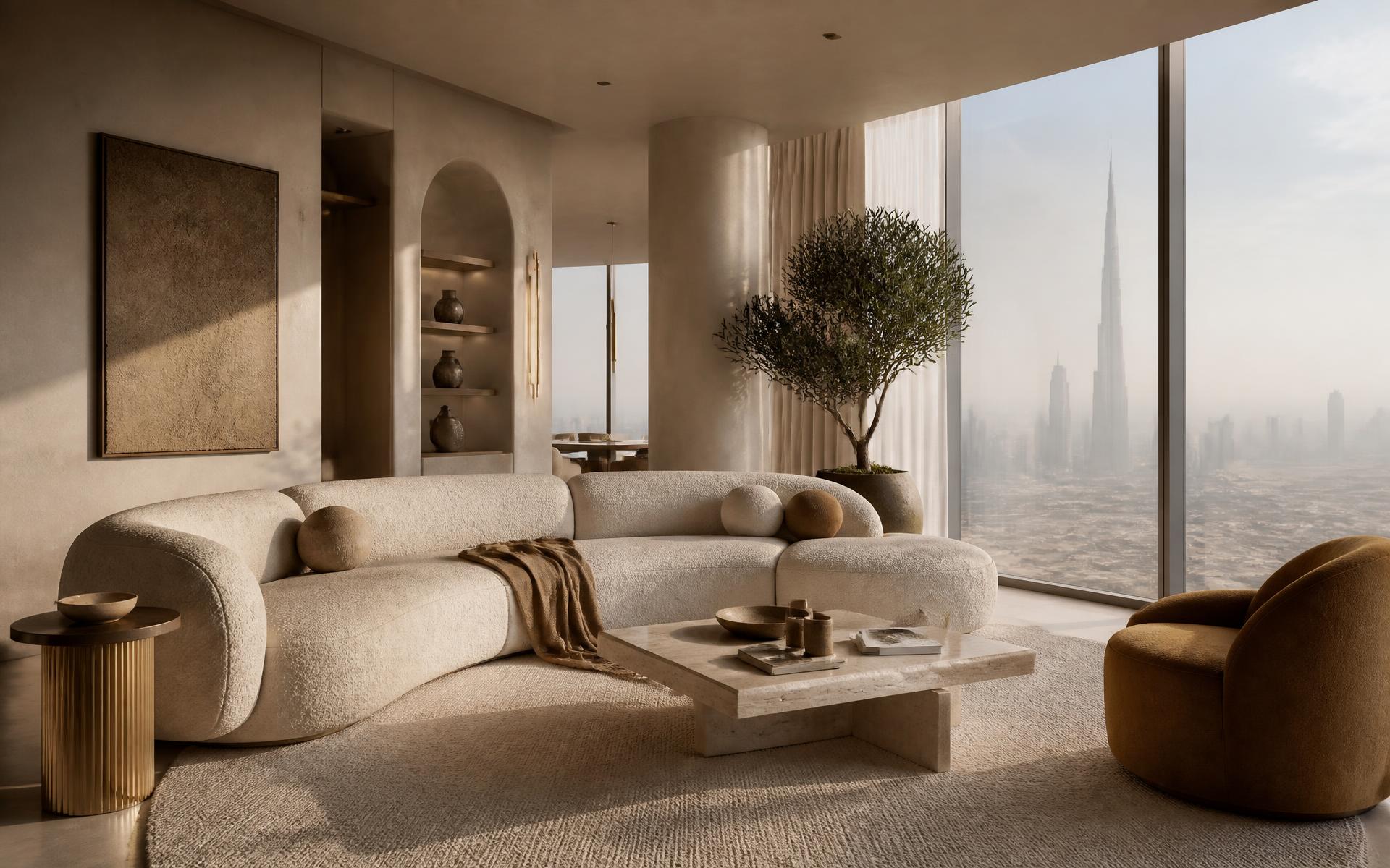 Modern living room with a cream bouclé sofa overlooking the Dubai skyline